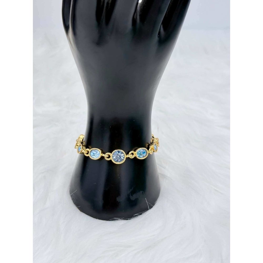 Gold Tone Blue Crystal Bezel Set Link Bracelet Round Stone Fold Over Clasp